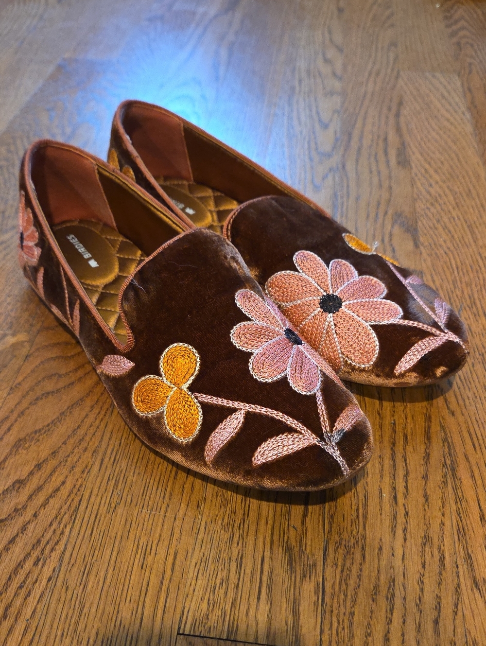 Birdies Brown Velvet Loafers with Pink & Gold Floral Embroidery